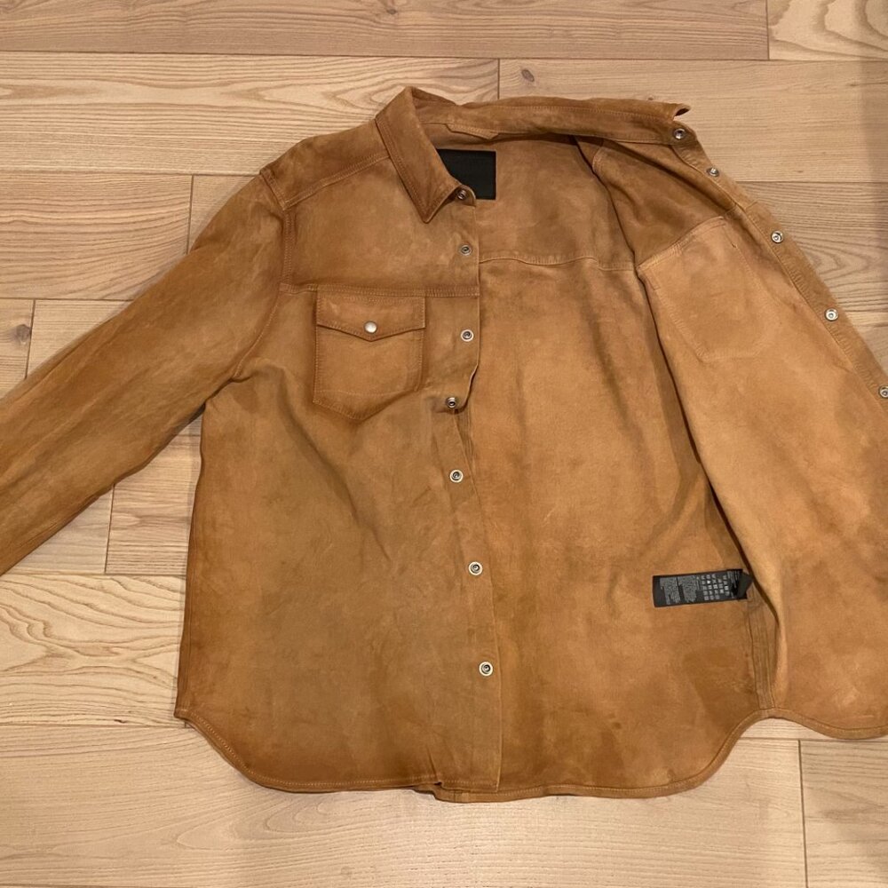 AllSaints Men's New Goat Soft Suede Leather Button Up Shirt | Size 2XL | Natural